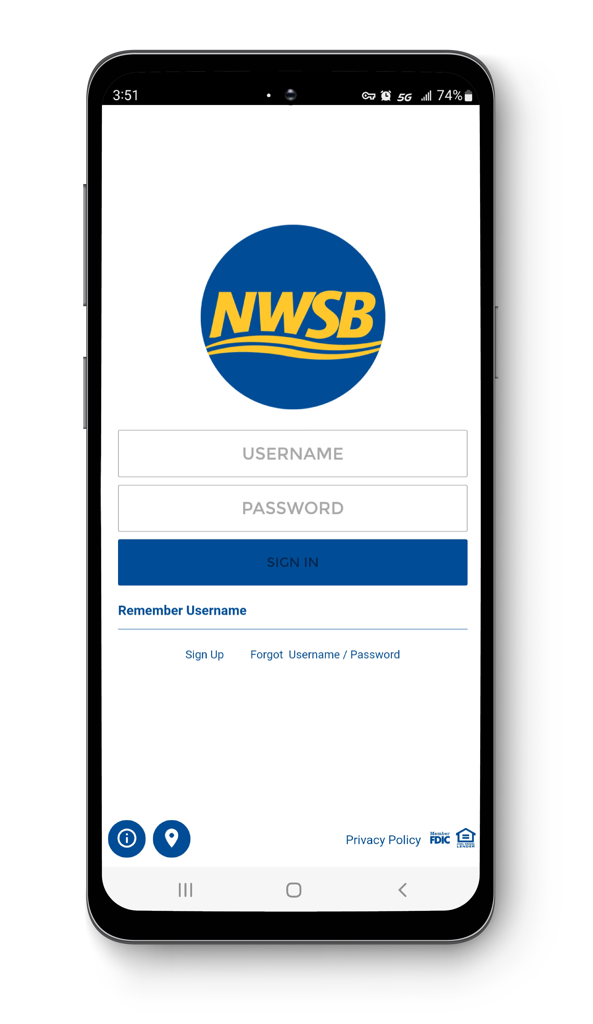 NWSB App Login Screen